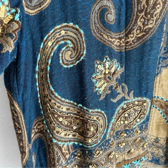 Soft Surroundings Blue & Gold Paisley Kimono Cardigan Boho Sz S/M - Picture 2 of 7